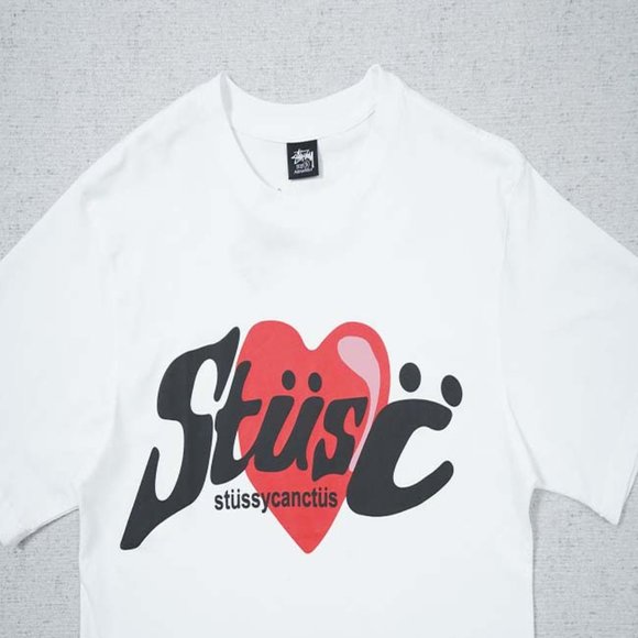 STUSSY Red Big Heart T-Shirt - White Short Sleeve - Picture 8 of 15
